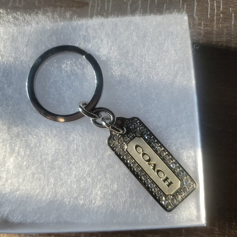 Coach Silver Rectangular Logo Key Ring with Rhinestone Border - Picture 10 of 15
